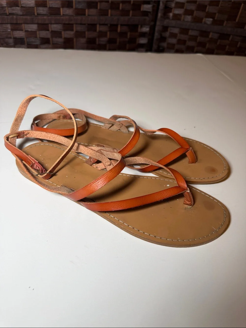 J. Crew brown Cognac Leather Strappy Ankle Sandals flip flops summer shoes